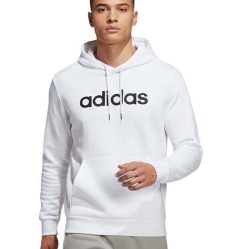 Adidas Hoodie Mens Small White Linear Logo Pullover Fleece Athleisure Sweatshirt